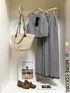 2 Piece Spring Summer Gingham Linen Outfit Set Women | Sleeveless Crop Top + High Waist Wide Leg Pants | Boho Cottagecore Old Money Style for Daily Vacation Beach Wear