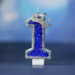 Blue birthday candles, crown-shaped number candles with glitter, birthday cake candles, suitable for cupcake decoration, birthday party decoration, and anniversary celebration party supplies