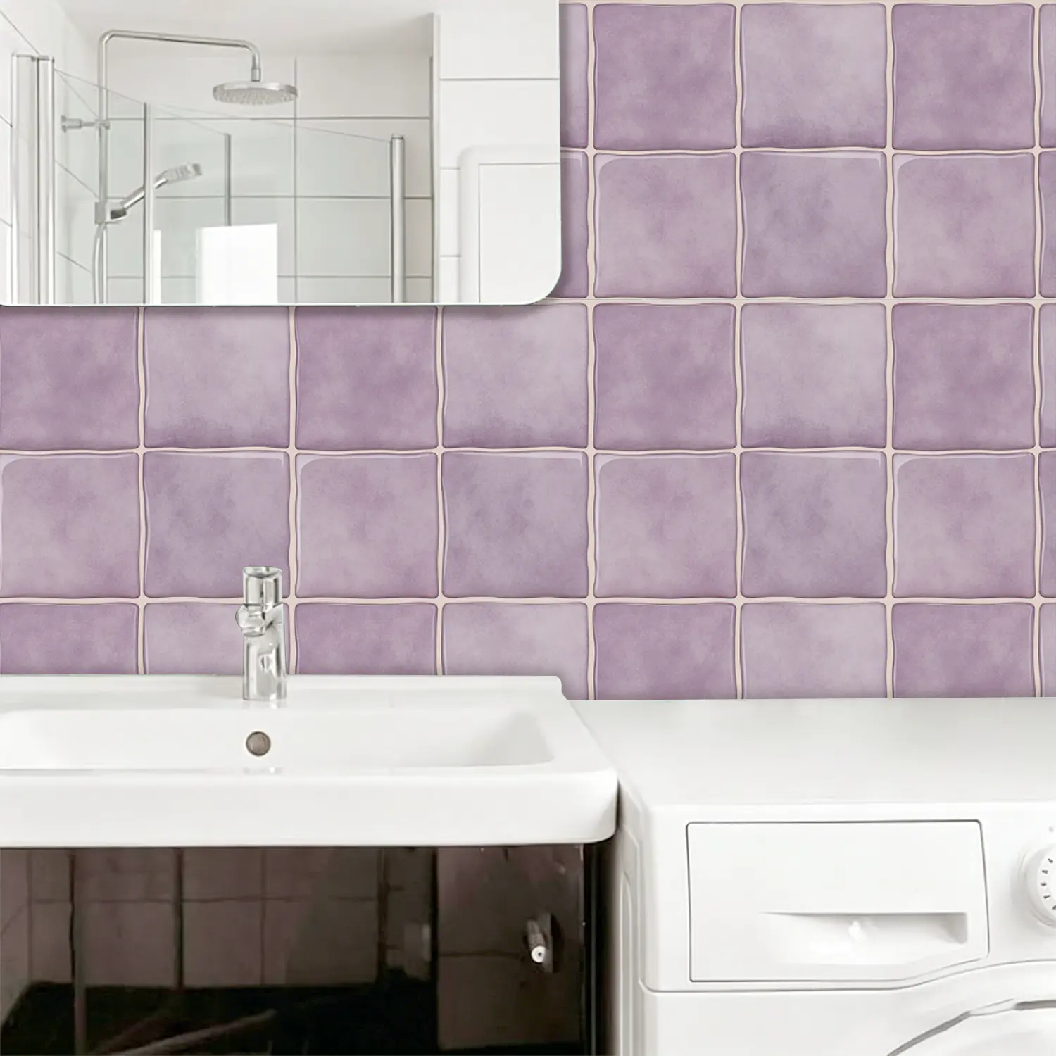 Peel and Stick Purple Tile Pattern Wall Decals, Waterproof Oilproof Removable Stickers, 10PCS Self-Adhesive Vinyl Wall Stickers for Kitchen Bathroom Home Decor