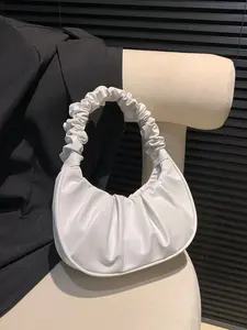Mini Solid Color Women Pleated Handbag, Women Solid Color Cloud & Crescent Shoulder Bag, New Year - White Crescent Pleated Leather Shoulder Bag, Elastic Pleated Leather Body with Top Handle, Chic and Elegant