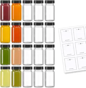 20 PACK 2 oz Glass Shot Bottles w/ Black Lids & 20 Labels - Small Clear Jar for Ginger, Wellness Shot, Juice, Sample, Whiskey - Travel Essentials.....