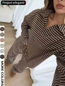 Women's Striped Pattern Two-Piece Set, Casual Fitted Regular Length Set, Fall & Winter Outfit with Medium-Thickness Fabric, Comfortable Wear