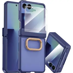 NINKI for Samsung Galaxy Z Flip 7 Ring Case with Built-in Screen Protector,Ring Holder Hinge Protection Shockproof Rugged Case for Samsung Galaxy Z Flip 7 Translucent Matte Cover for flip7 Blue