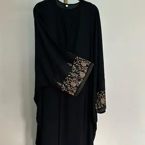 Black Abaya With Brown Flower Embroidery on Sleeves