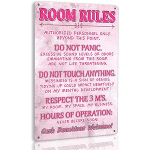 Pink Teen Girl Bedroom Decor - Cute Metal Tin Sign With Room Rules, Aesthetic and Preppy Decorations for Bedroom, 12X8 Inch, Signage, 8X12 In