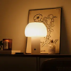 Mushroom Table Lamp, Cute Cordless Rechargeable Lamp with Opal Glass Shade, 3 Color Temperatures(Warm/Cold/Neutral), Stepless Dimmable Bedside Lamp, Small Retro Nightstand Touch Lamp for Bedroom Ambient Decor