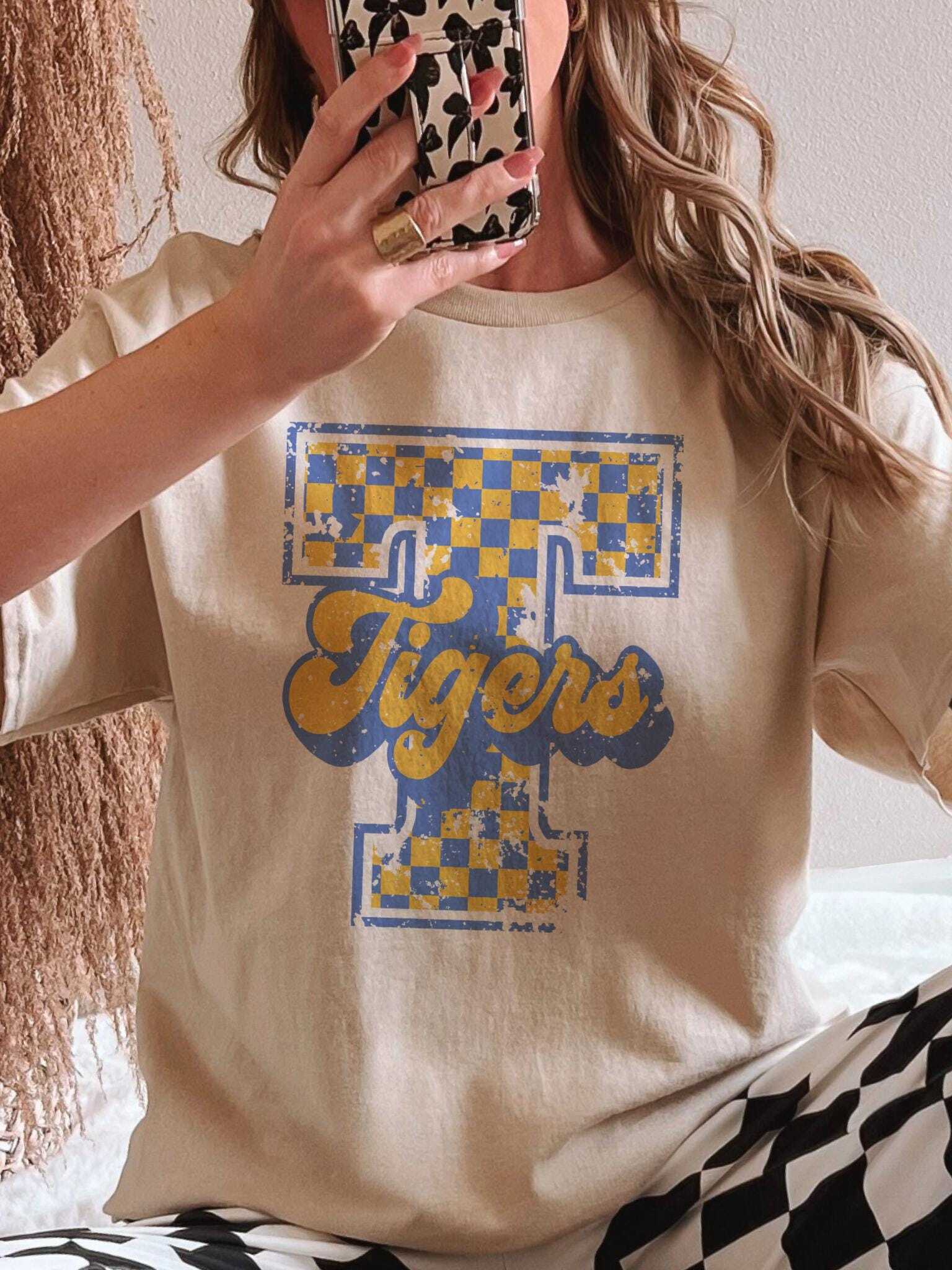 Tigers Blue & Gold Checkered Mascot Shirt, Retro School Spirit Tee, Distressed Checkered Graphic T-Shirt, Game Day Unisex Madcot T-Shirt Cotton Trending
