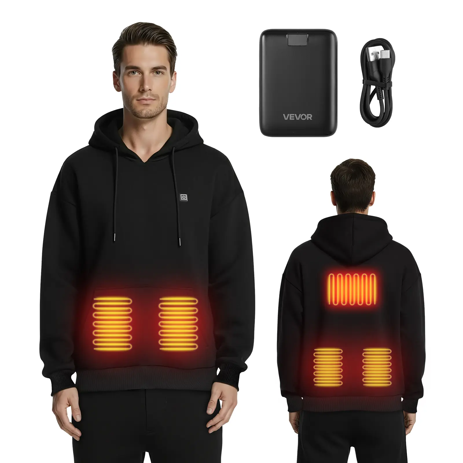 VEVOR Casual Heated Men's Hoodie, Wearable Temperature Management Warm Top with 5 Heating Zones, 3 Temp Levels, 16000mAh Power Bank, Relaxed-Loose Fit, Fleece-Lined Cotton-Polyester Blend, Pocket, Outdoor Layer, Temperature Regulation, International Sizes