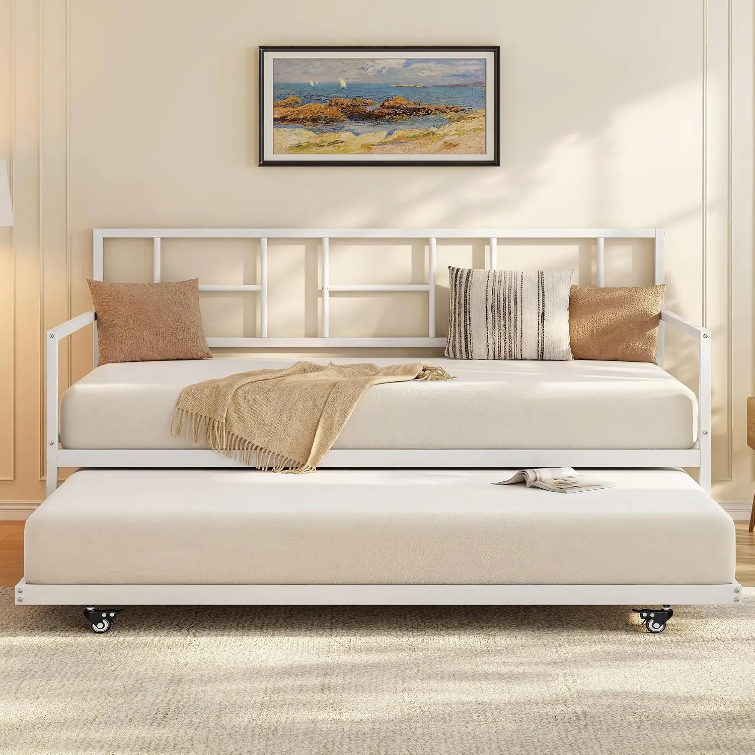 YITAHOME Twin Daybed with Pull Out Trundle Bed, Height Adjustable White Metal Daybed Sofa Bed, Lockable Casters, Steel Slat Support for Guest Room