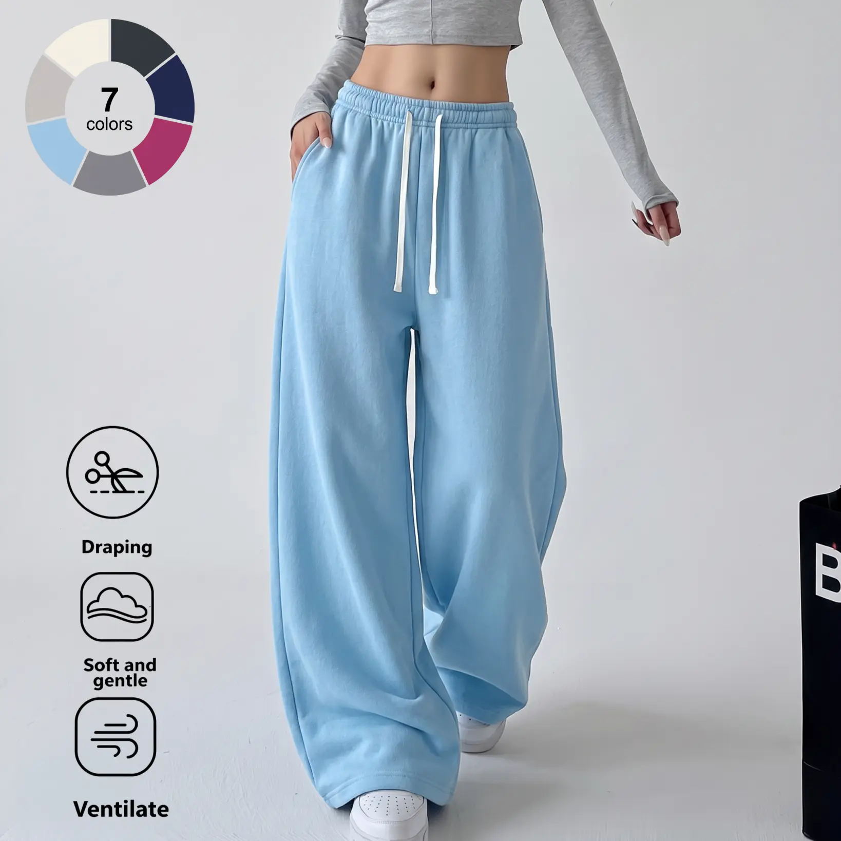 Women’s solid-color wide-leg sweatpants; women’s casual athletic long pants; stretchy high-waisted loose straight-leg loungewear pants with side pockets; high-waisted, pocketed, loose, minimalist wide-leg jogging pants