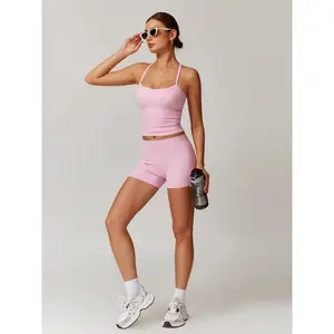 Women's Solid Backless Crop Cami Top & High Waist Shorts Sportswear Set, Sporty Sleeveless Top & Skinny Shorts, Ladies Sportswear for Indoor Wear, Fall Outfits Soccer Mom Outfit