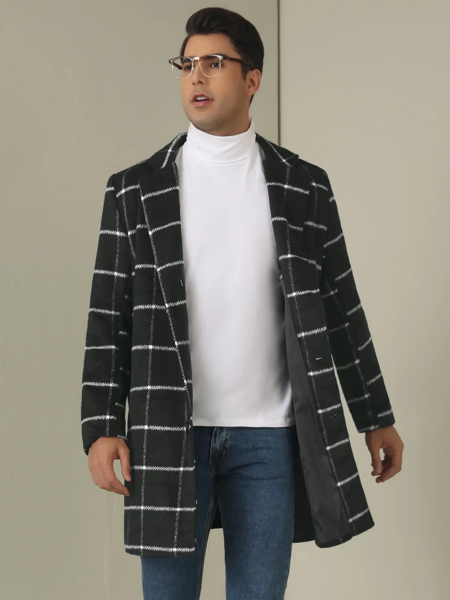 INSPIRE CHIC Plaid Coat for Men's Color Block Single Breasted Winter Checked Overcoat