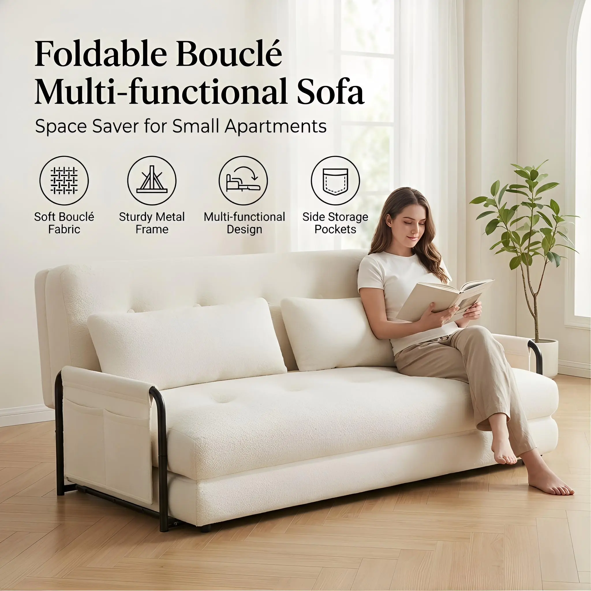 Mr IRONSTONE Adjustable Floor Sofa Couch with Adjustable Backrest, Multi-Functional Bean Bag Bed with  2 Pillows, Foldable Lazy Sofa Sleeper Bed with Armrest, Versatile Floor Seating for Reading, Beige, Double