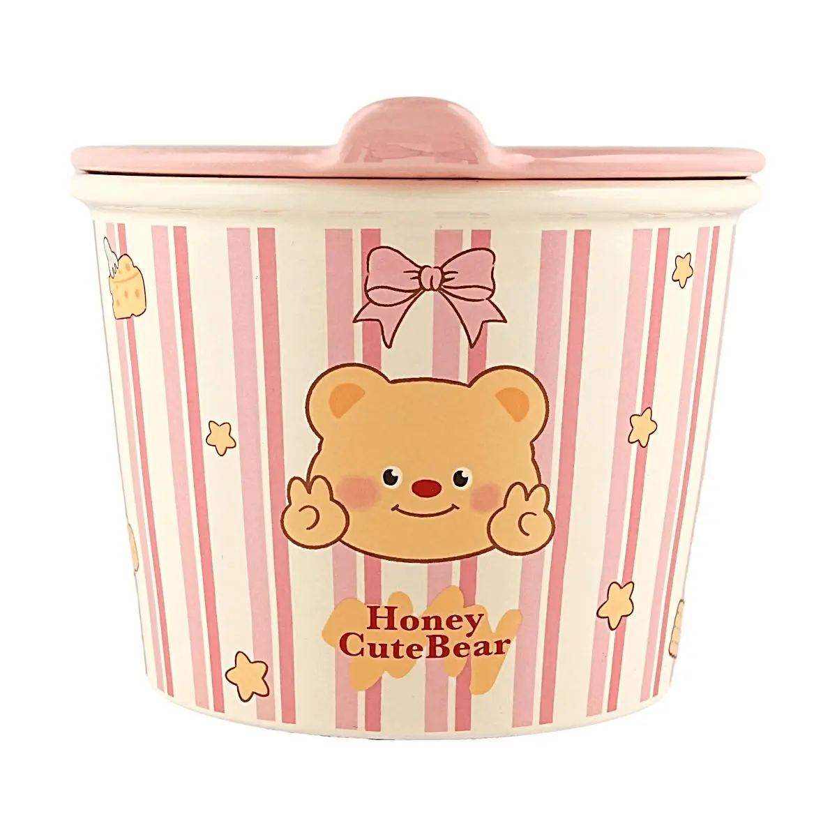 GLAZE STORY Pink Creamy Bear Ceramic Noodle Bowl - Cute Kawaii Ramen Bowl for Instant Noodles, Soup, Rice - Microwave Safe Dishwasher Safe - Adorable Kitchenware Gift