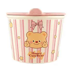 GLAZE STORY Pink Creamy Bear Ceramic Noodle Bowl - Cute Kawaii Ramen Bowl for Instant Noodles, Soup, Rice - Microwave Safe Dishwasher Safe Kitchenware