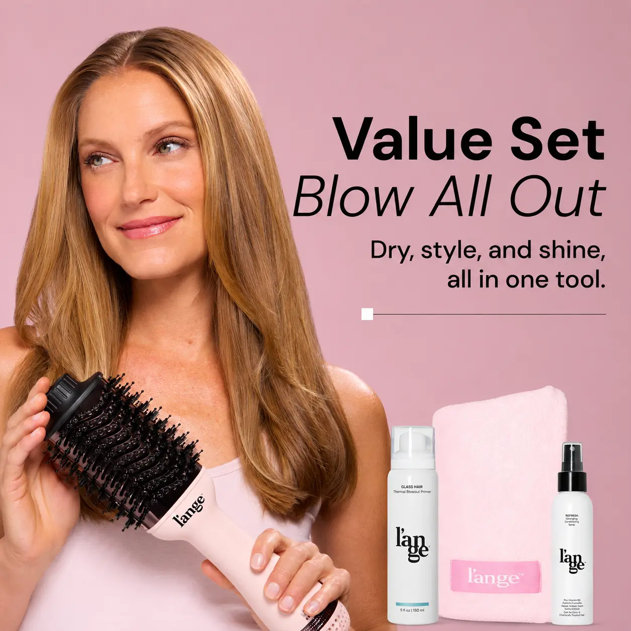 L'ANGE HAIR - Blow All Out Value Set - Le Volume 2-in-1 Titanium Brush Dryer, Hair Wrap Towel Gentle Microfiber, Glass Hair Thermal Blowout Primer, Réplenish Conditioning Spray, Storage, Multifunctional Hair Dryer, Smooth, Salon