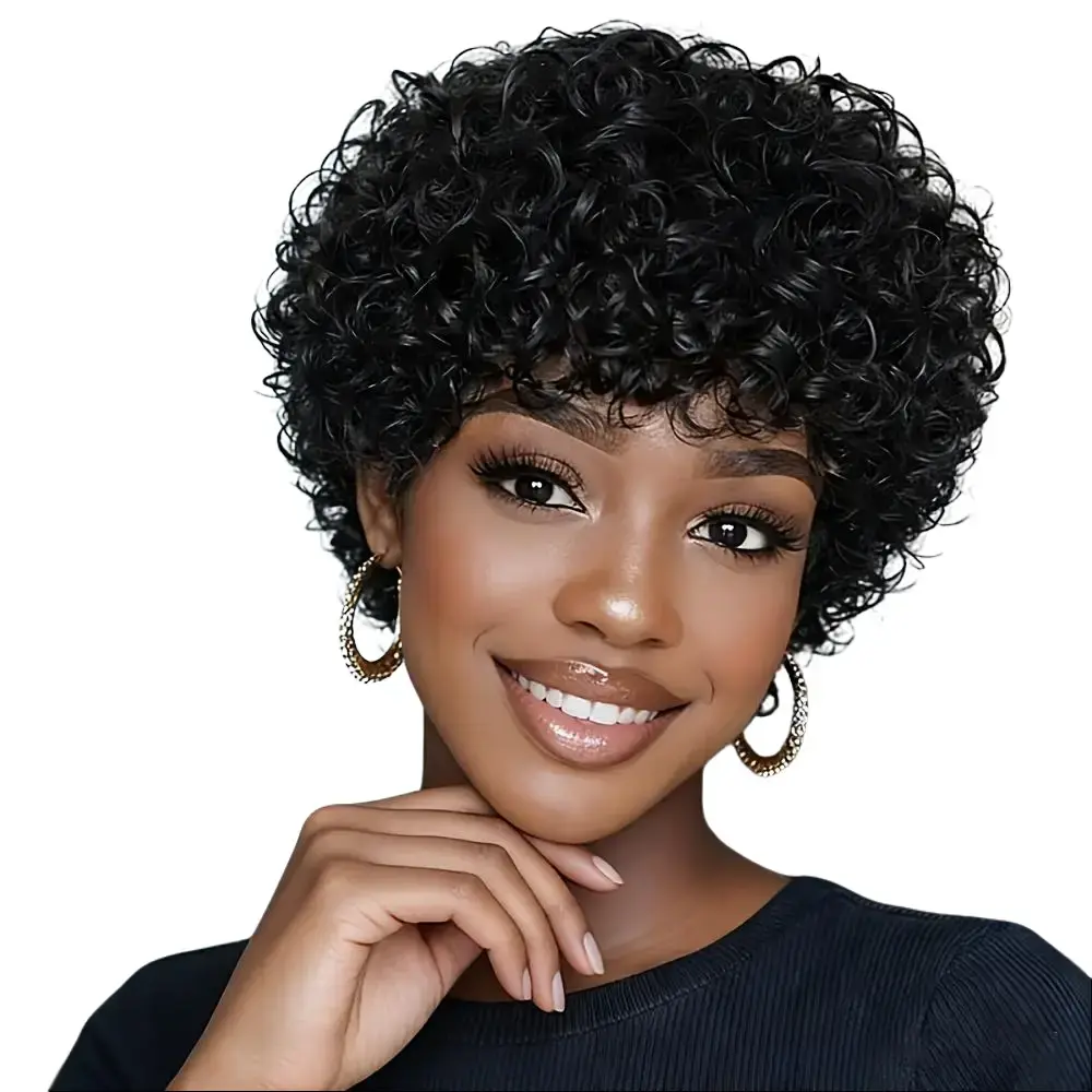 Women's 4-Inch Human Hair Pixie Cut Wig, Short Afro Kinky Curly, Natural Black, 180% High Density Machine-Made, Full Volume Daily Wear Wig for All Skin Tones & Hair Types