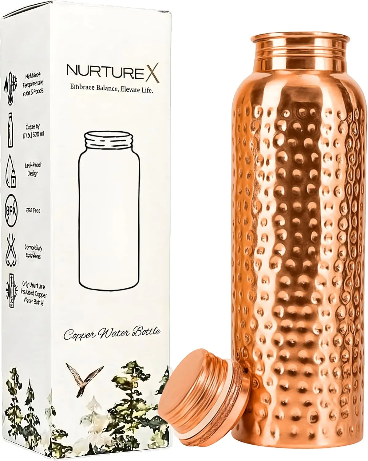 Copper Water Bottle, 34 Oz / 1 Liter, ANTI-TARNISH Protective Coating, Leak-Proof, Joint-Free, Handcrafted, Eco-Friendly & Ayurvedic Drinkware for Yoga, Gym & Office - Hammered