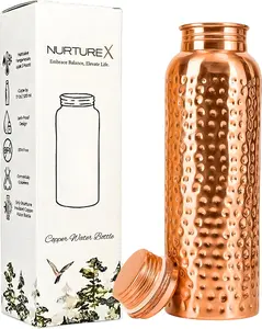 Copper Water Bottle, 34 Oz / 1 Liter, ANTI-TARNISH Protective Coating, Leak-Proof, Joint-Free, Handcrafted, Eco-Friendly & Ayurvedic Drinkware for Yoga, Gym & Office - Hammered