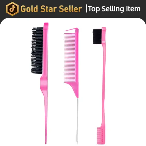 3 Piece Teasing Comb Set for Back Combing and Edge Styling Rat Tail Comb Hair Stick for Voluminous Hair Salon Quality Pink Styling Tools