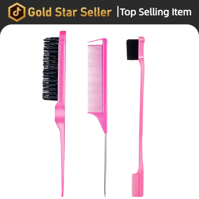 3 Piece Teasing Comb Set for Back Combing and Edge Styling Rat Tail Comb Hair Stick for Voluminous Hair Salon Quality Pink Styling Tools
