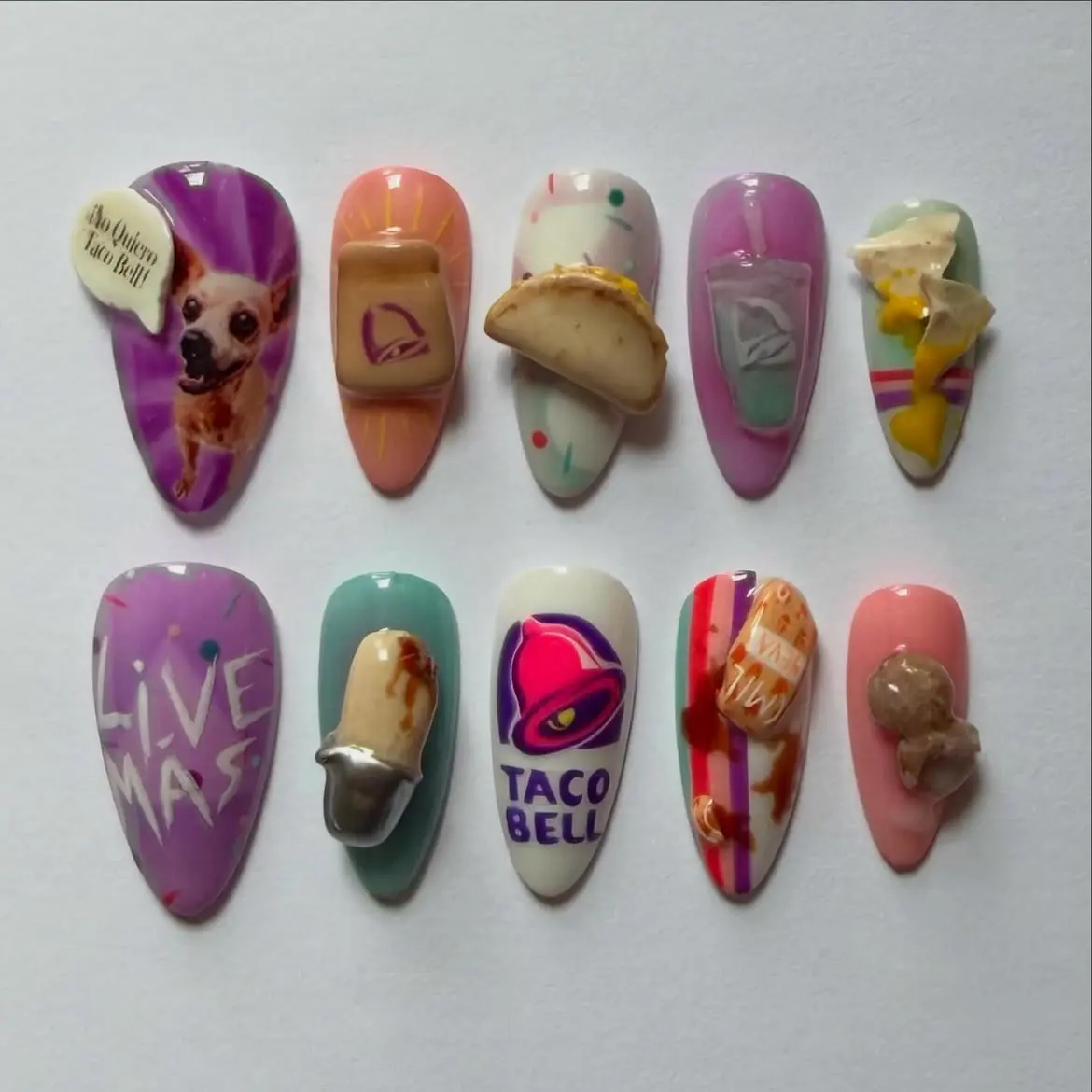 Taco Bell Press on Nails Handmade 3D Food Nails Luxury Chihuahua False Nails High Quality Hand painted Custom Fast Food Pop Art Nail Set