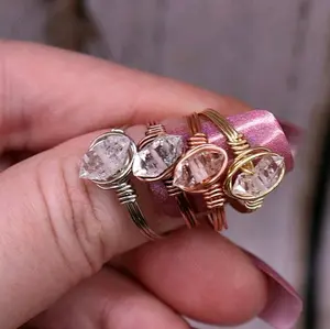 Herkimer Wire Wrapped Ring - Custom Size & Band Color - Everyday Simple Ring - Unisex Double Terminated Herkimer Point Crystal Ring Birthday Daily