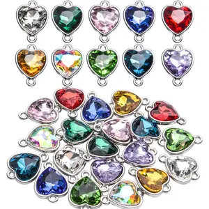 BronaGrand Crystal Birthstone Pendants, 20pcs Mixed Colors Heart Crystal Birthstone Charms Glass Gemstone Pendants Flat Round Glass Links Charms with Double Loop Bail Connectors for Jewelry Making