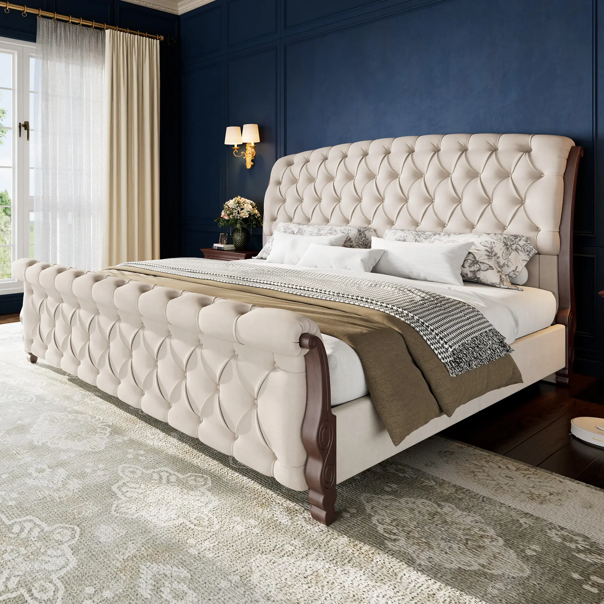 [Summerwins] [SummerFinds] AMERLIFE Upholstered Bed Frame, 53" Tall Sleigh Bed with Button Tufted Chenille Headboard and Footboard, Platform Bed with Carved Solid Wood Legs, No Box Spring Needed