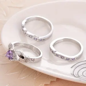 3pcs Classic Stylish Hollow Heart Gesture Stacked Synthetic Zirconia Rings - Purple Birthstone Jewelry with Embracing Design, Romantic Engagement Gift