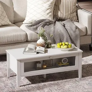 CANMOV Modern White Coffee Table with Glass Door Storage Compartment, Rectangular Wooden Center Table for Living Room, 39.4 x 18.9 x 16 Inches