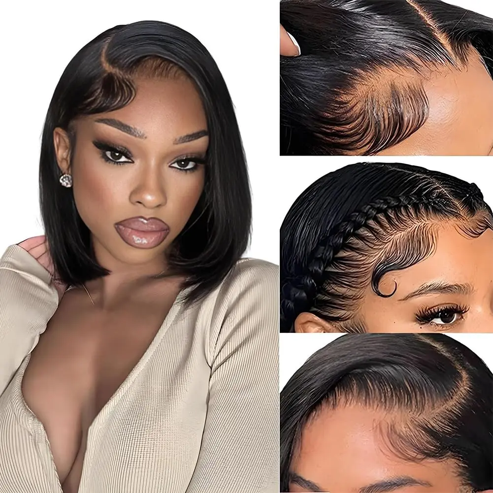 Bob Wig Human Hair 150 Density Hair Double Drawn Human Hair Wig 3x Longer Lifespan 13x4 HD Lace Front Wigs Human Hair Pre Plucked Bone Straight Short Bob Natural Black 14"