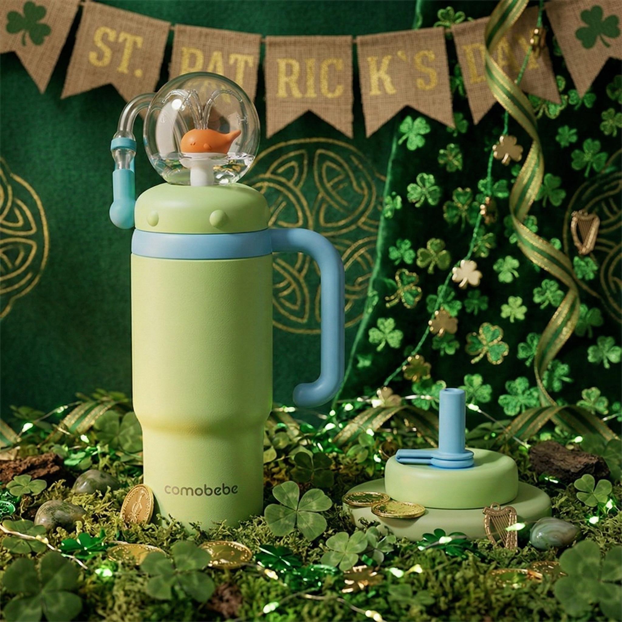 【COMOBEBE】24oz Stainless Steel Whale Fountain Tumbler with Handle – Two Lids, Spill-Proof, Dishwasher Safe, Cute & Perfe