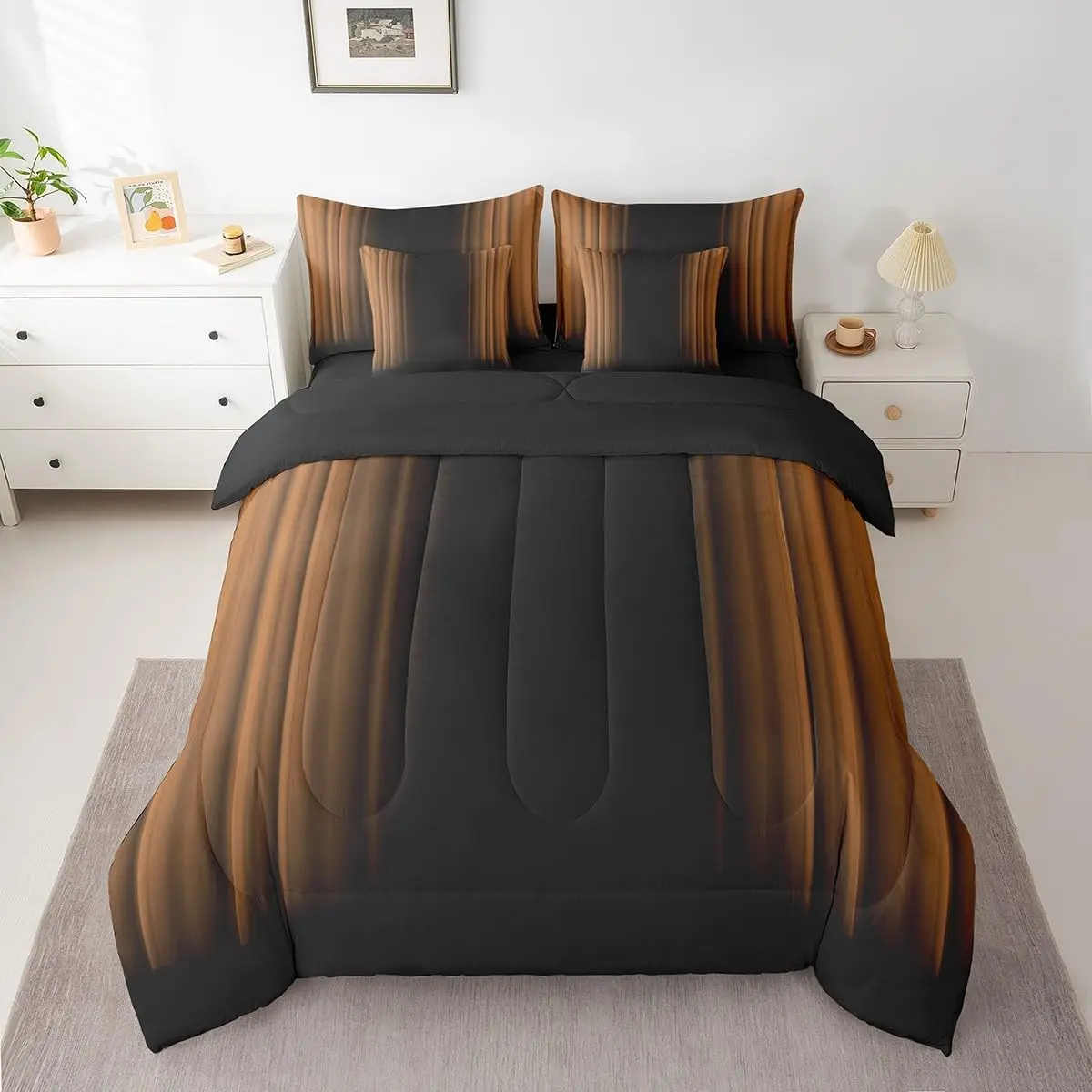 Feelyou 7-Piece Abstract Ombre Microfiber Bedding Set - Queen Size Reversible Brown Black Comforter with Sheets, Breathable Fabric, Decorative Bedding Set, Multi-Size Options for Room Decor, Seven Pieces