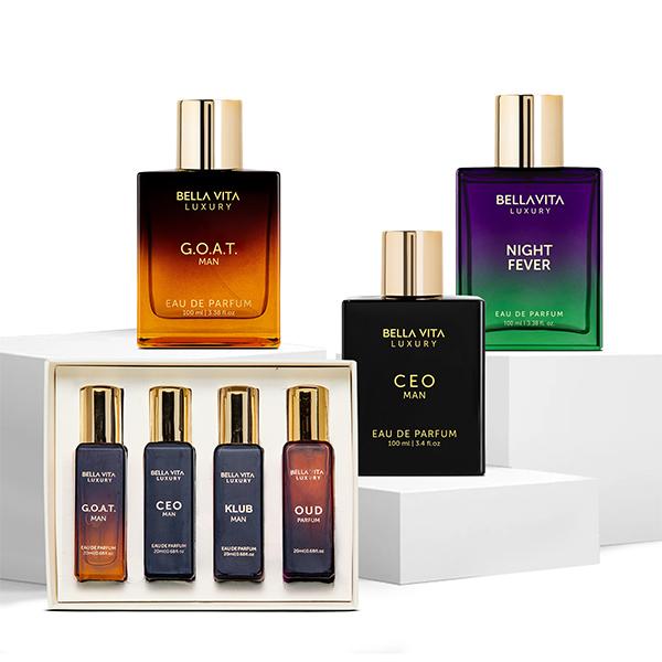 The Godfather by BellaVita Luxury | Perfume Gift Set for Men | Includes CEO Man (Citrus Woody), G.O.A.T. Man (Woody Musky), Night Fever (Fruity Amber) & 4 Luxury Minis (Oud, CEO, Klub, G.O.A.T.) | Long-Lasting, Vegan & Cruelty-Free EDP | 3.4 Fl.oz Each