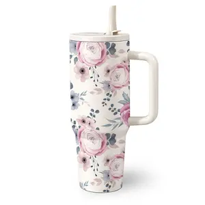 1 Pc 40 Oz Stainless Steel Water Cup with Handle and Straw, Vintage Pink Blue Rose Floral Design, Double Wall Insulated Thermal Mug, Hot 12H/ Cold 24H, Insulated Travel Drinkware, Perfect Holiday Gift for Friends and Family.