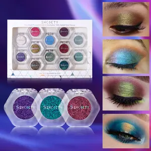 SHCOETY 12-pack  optical color changing longan shadow powdermetal photosensitive variable highlight glitter EyeshadowMakeup Cosmetic Shimmer Pigment Palette Duochrome Palette