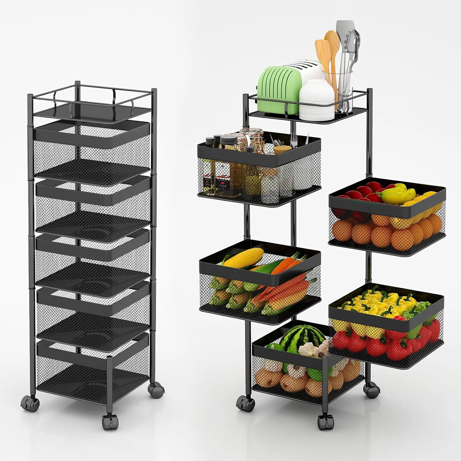 Rotating Kitchen - Storage Rack 5 Layers - Metal Fruit And Vegetable - Storage Basket Multi-layer - Vegetable Rack Storage Wheels - Floor Vertical Basket - Kitchen Bathroom, Square, Vertical Rack