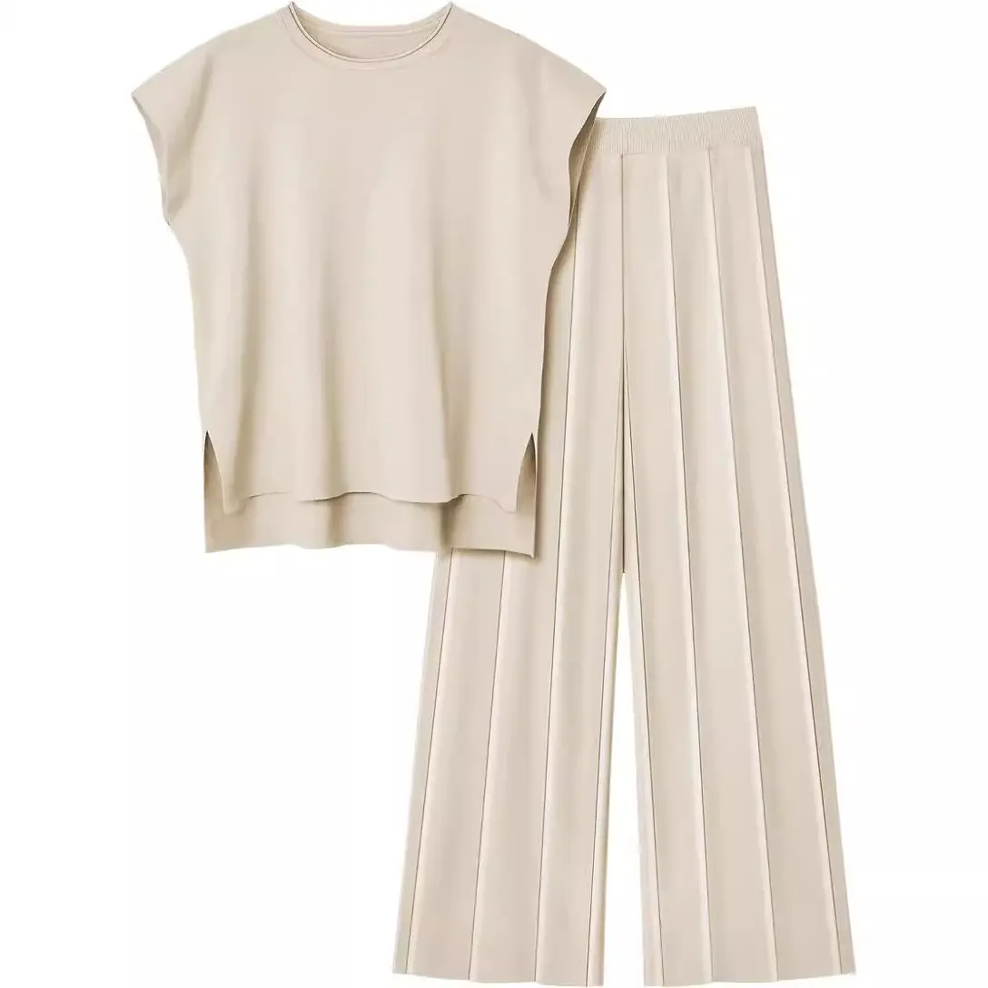 (New)Women's Knit Casual Suit Sleeveless Vest Sweater + Wide Leg Pants Two-Piece Set Breathable Clothes
