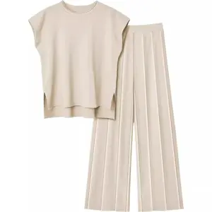 Women's Knit Casual Suit Sleeveless Vest Sweater + Wide Leg Pants Two-Piece Set Breathable Clothes