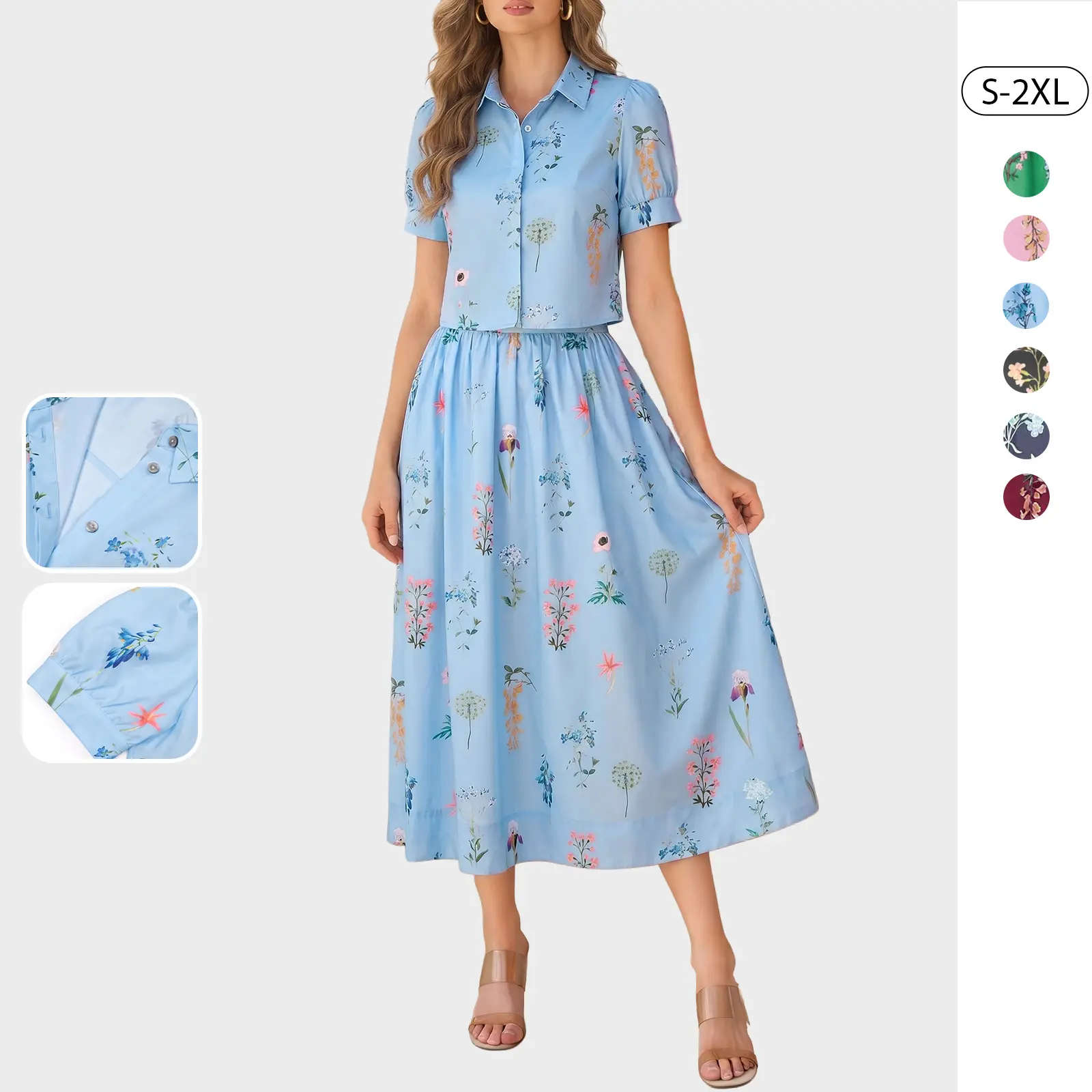 Tankaneo Womens 2 Piece Floral Skirt Sets Puff Sleeve Blouse and Elastic Waist Matching Set Vacation Outfits