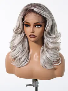 Wave Short Hair Style with Highlight, Gradual Silver, Natural Look Synthetic Wig, 13x6 Lace Front Design, Heat Resistant Fiber, Body Wave Lace