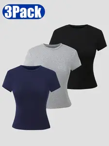 3-piece set of girls' solid color round neck short sleeved T-shirt top, simple and versatile, casual and comfortable, girls' clothing, 3Pack