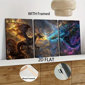 3pcs Framed  Dragon Canvas Wall Art with Wooden Frame Fantasy Fire Dragon Painting Home Decor for Living Room Bedroom Office Modern Artwork Ready to Hang Large Size Vivid Color Print 2D Flat home