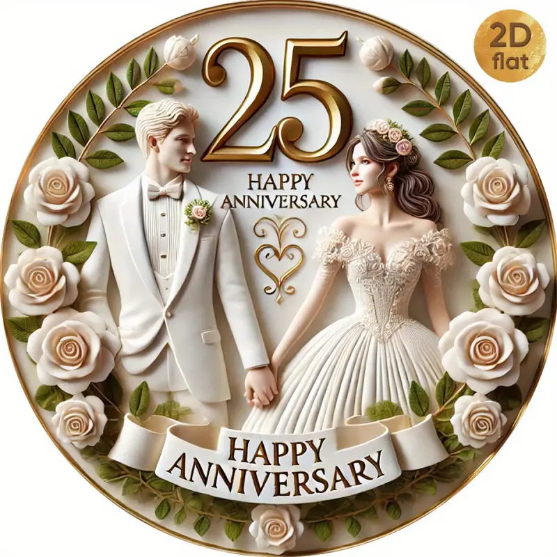 1PC 25th Anniversary Metal Wall Plaque - Old Silver Wedding Celebration Design, 19.99x 19.99cm Round Iron Sign, Featuring a Couple in Formal Attire, Rose and Heart Patterns, Perfect for Home, Office, Bar, Coffee Shop Decoration, Indoor/Outdoor Use, Ideal