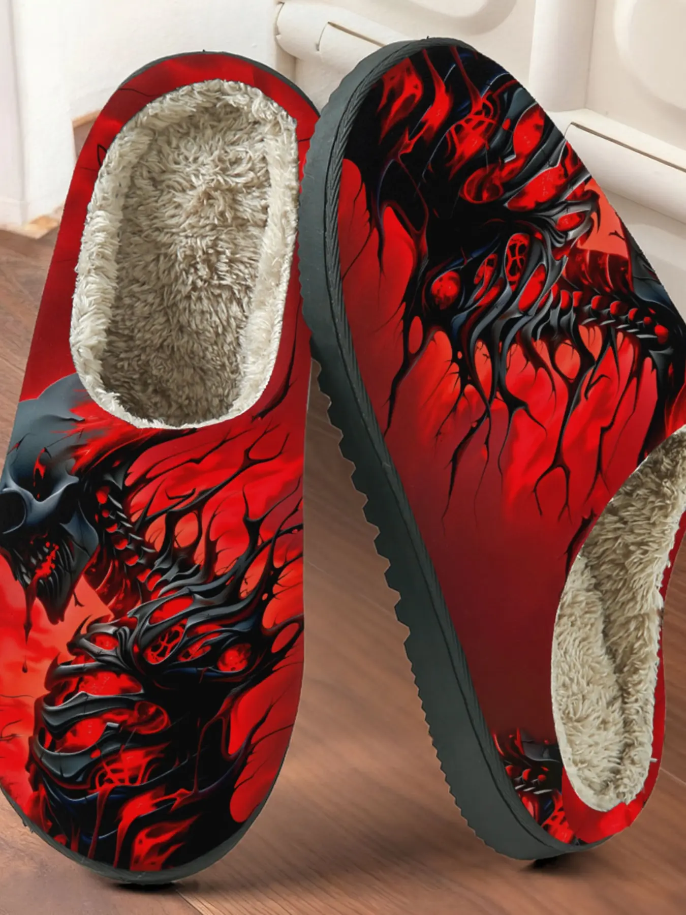 Dark Skull Punk Hardcore Cotton Slippers, Plush Lined Anti-Slip Thick Sole, Home Punk Hardcore Enthusiasts Fall & Winter Warm Shoes