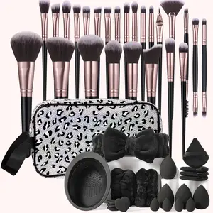 Professional Makeup Brush Set with Leopard Print Bag, High-End Synthetic Fiber Foundation Powder Concealer Eyeshadow Brushes, Women's Beauty Tool Kit, Cosmetic Brushes