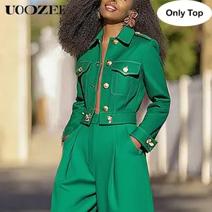 UOOZEE Women's 2025 Fashion 100% Cotton Lapel Jacket - Only Top, Buttoned Green, Long-Sleeve, High-Waisted, Thin, Casual Office Commute Coat (Broad-Shouldered Women Recommended to Size Up)