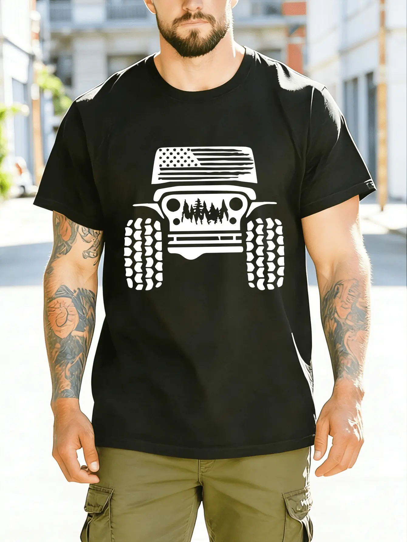 Men's  Cotton 180g Black T-Shirt, Off-Road Jeep With American Flag Print, Casual Comfort, Machine Washable & Fade Resistant, Ideal for Off-Road Enthusiasts, Patriotic Events & Daily Wear, Rugged Street Style
