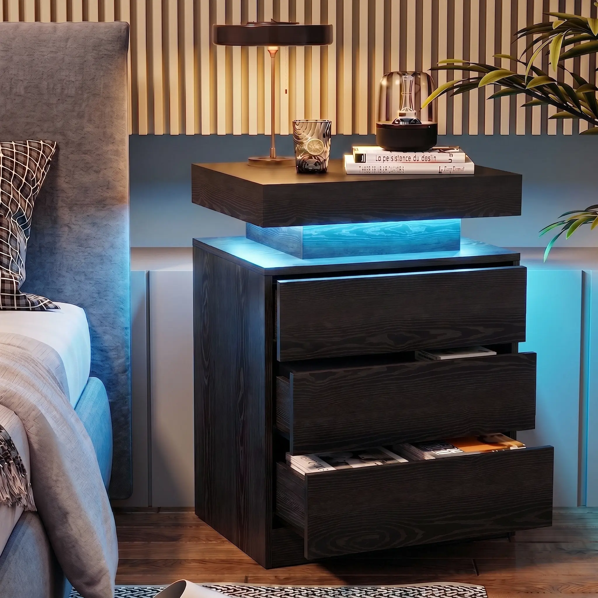 LIKIMIO Modern Night Stand with Charging Station, LED Light and 2-3 Drawers - Furniture for Small Spaces, Bedroom Bedside Table/End Table